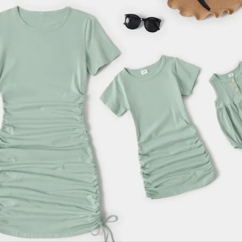 Matching mother daughter cotton drawstring mommy and me dress and onesie